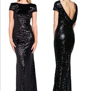 Badgely Mishka NWT Black Sequin Gown with cap Sleeves & open cowl back- Size 4